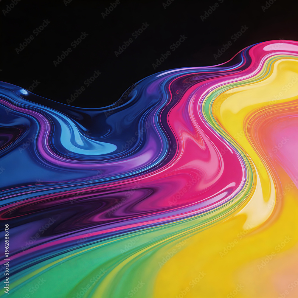Fototapeta premium Abstract artwork featuring swirling, vibrant liquid colors (rainbow gradient) on a black background. Fluid motion, smooth textures, and dynamic color transitions create a modern, artistic visual.
