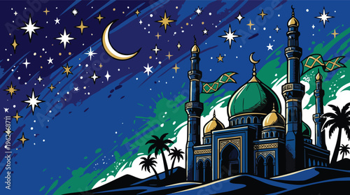 Islamic New Year Muharram Cultural Visual Featuring a Mosque Stars and Crescent Moon