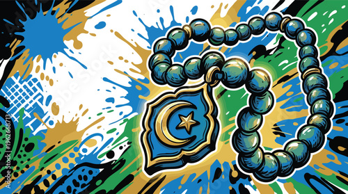 Islamic New Year Prayer Beads with Crescent Symbol on Abstract Background