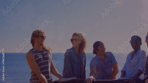 Friends leaning on railing by ocean, newcomer arriving and animated bubbles sparking travel smiles