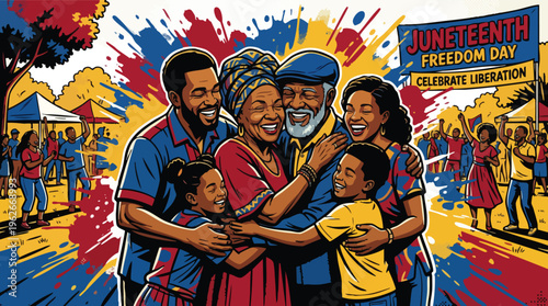 Juneteenth Family Embracing in Celebratory Freedom Illustration