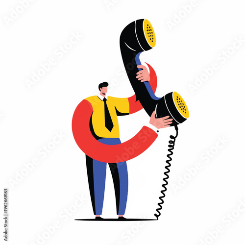 Man in business attire holding a large vintage telephone receiver, communication concept, graphic illustration