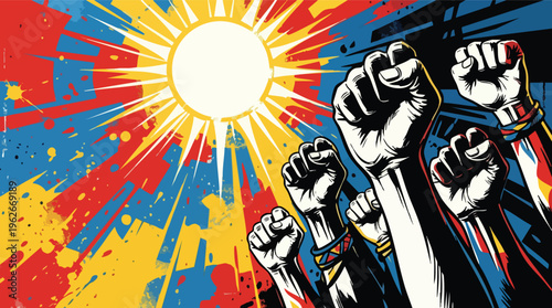 Raised Fists Under Bright Sun Freedom Concept