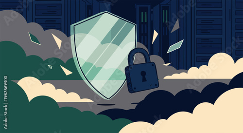 Digital security concept with a protective shield and padlock in the clouds, symbolizing data privacy and cyber protection in a modern flat illustration style.