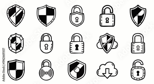 Digital security and data protection icon set featuring various shields, padlocks, and cloud storage symbols for internet safety and privacy concepts.