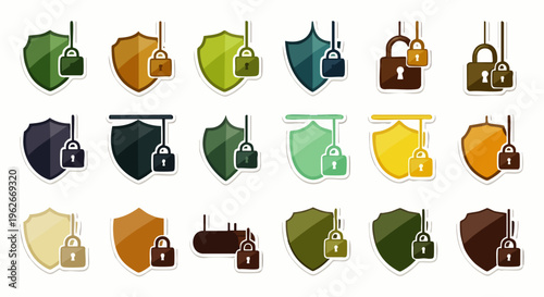 Comprehensive vector collection of shield and padlock icons. Symbolizing digital security, data protection, privacy, and online safety for cybersecurity and secure access.