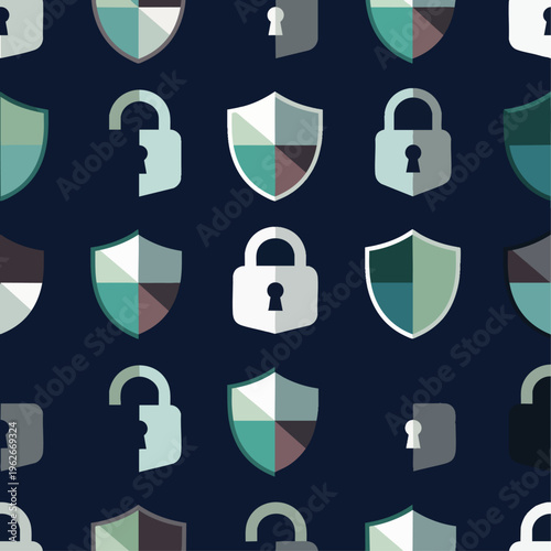 Seamless pattern of flat design icons representing security, protection, and data privacy on a dark background.