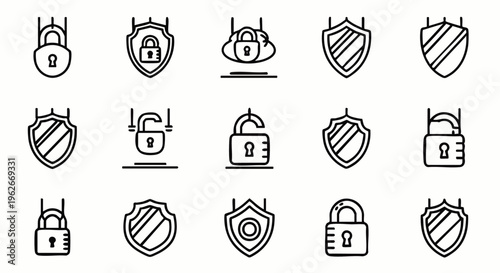 Set of outline icons representing security, protection, and data safety with locks and shields on a white background.