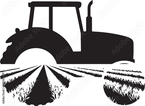 Tractor plowing field in agricultural landscape with silhouetted farm equipment