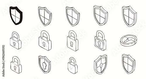 Isometric Security Icons Set: Outline Shields and Padlocks for Digital Protection, Data Privacy, and Cyber Safety. Vector Line Art Illustration.
