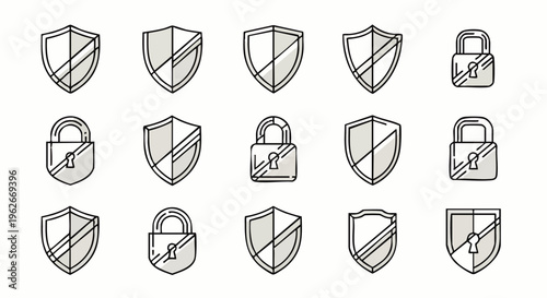 Vector line art security icon collection: diverse shields and padlocks for digital protection, data privacy, online safety, and cyber security concepts on white.