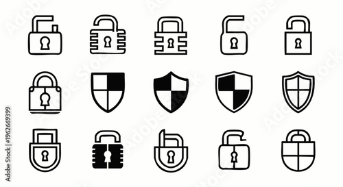 Security and Protection Icons Set: A collection of various padlock and shield outline symbols for digital safety and data privacy.