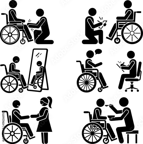 Disabled Assistance and Care Icons Set – Wheelchair Support, Therapy, Communication and Rehabilitation Vector Pictograms
