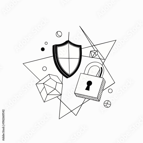 Abstract illustration of a shield, padlock, and geometric shapes representing security and protection concepts
