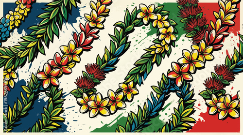 Kamehameha Day Lei Garland Repeating Background with Colorful Flowers and Leaves