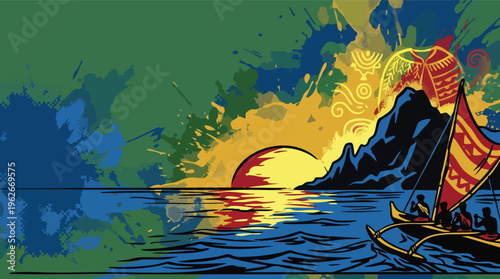 Kamehameha Day Celebration with Canoes Sailing During a Vibrant Sunset over Ocean