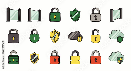 Digital Security and Protection Icons Set: Padlocks, Shields, and Cloud Computing Symbols for Data Privacy and Internet Safety Concepts