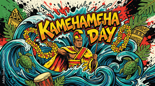 Vibrant Kamehameha Day Celebration with Hawaiian Cultural Motifs