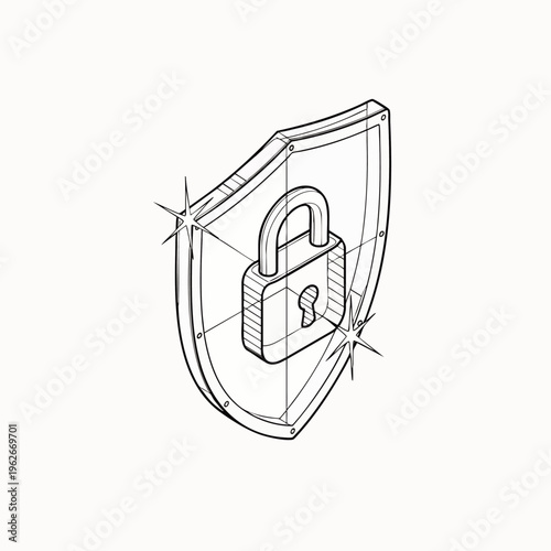 Hand-drawn isometric illustration of a shield with a padlock, symbolizing security, protection, and safety with a sketch style.