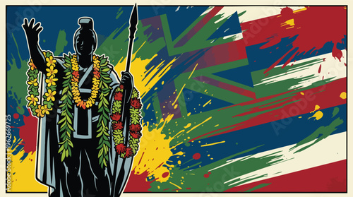 Kamehameha Day Celebration Silhouette with Leis and Abstract Background
