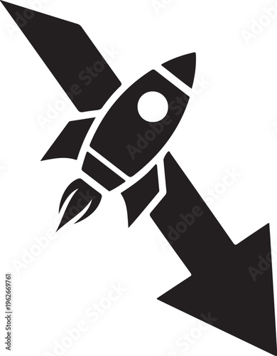 Black rocket ship icon with downward arrow in white space