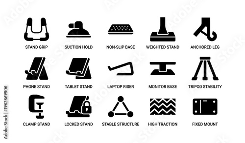 Set of 16 icons representing various types of stands and bases for electronics