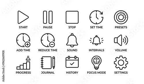 Minimalist timer and settings icon set for apps and devices