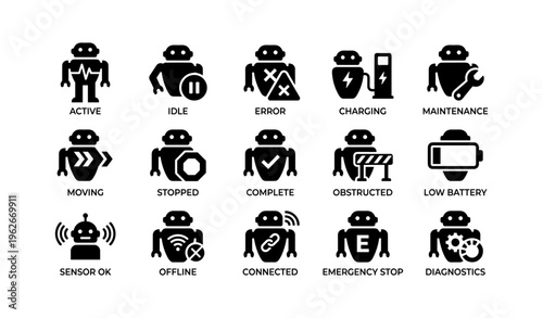 Robot status icons: active, error, maintenance, charging, sensor, battery, connected