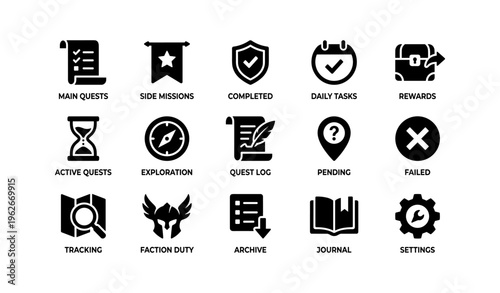 Set of 16 black icon designs for quests, tasks, and settings