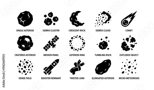 Space debris icons: asteroids, comet, satellite remnants, and space junk