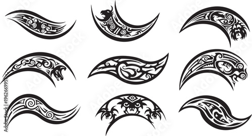 Tribal style curved blades with intricate designs and patterns