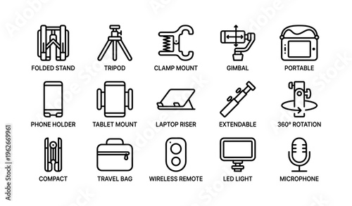 Essential photography and filmmaking equipment icons for versatile setup