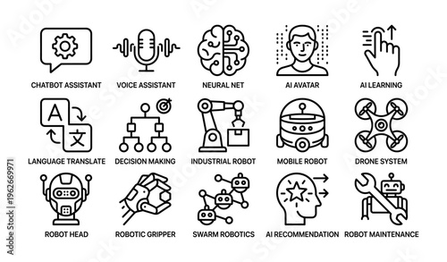 Ai technology icons: chatbot, neural net, ai avatar, robotics, drones