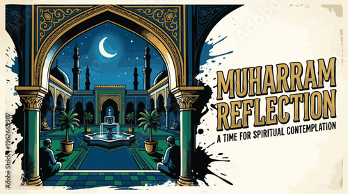 Muharram Reflection Islamic Arch Framing Peaceful Moonlit Courtyard