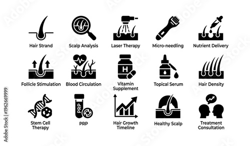 Hair treatment techniques and scalp health icons