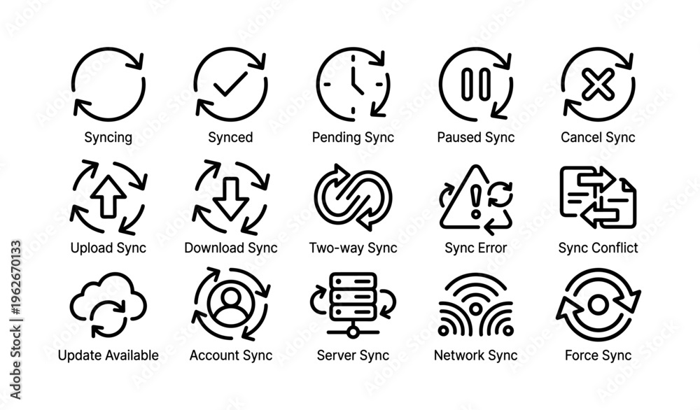 Fototapeta premium Various sync icons: cloud, server, network, error, conflict symbols