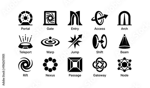 Black portal and gateway icons collection on white background