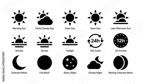 Day and night icon set with sun moon phases twilight symbols