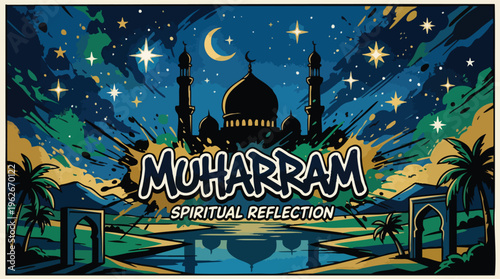 Muharram Night Mosque Silhouette Spiritual Reflection with Stars and Moon