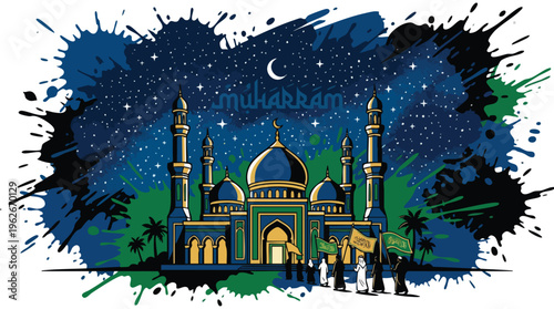 Muharram Mosque at Night Under a Starry Sky with People and Flags