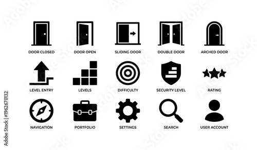 Icon set: door designs, security levels, navigation, and user interface elements