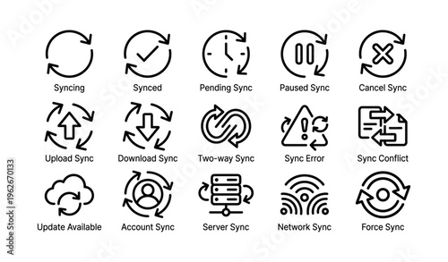 Various sync icons: cloud, server, network, error, conflict symbols