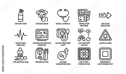 Medical icons set illustrating equipment and monitoring devices in healthcare