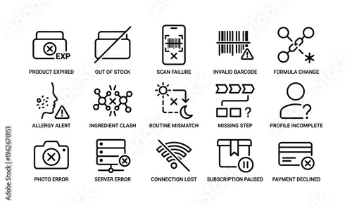 Product status icons: alerts and system notifications for inventory and subscription management