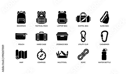 Outdoor gear icons: backpack, tactical pack, duffel bag, compass, multitool, rope, water bottle