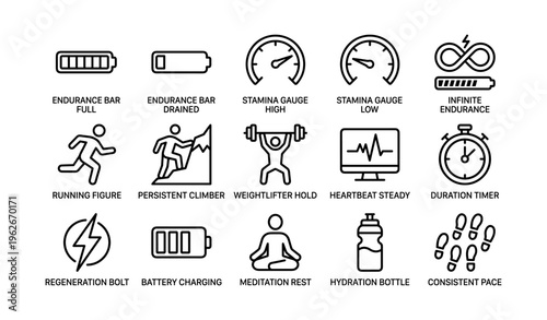 Endurance and fitness icons: stamina, regeneration, hydration, meditation symbols