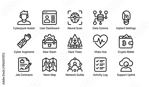 Cyberpunk interface icons: avatar, neuro scan, data comms, augments, crypto wallet