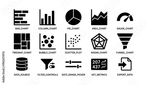 Various chart types and data visualization icons in black