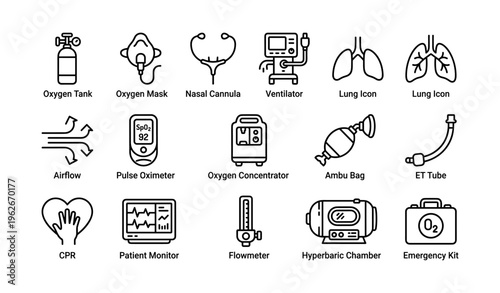 Medical equipment icons: oxygen, ventilator, lungs, airflow, hyperbaric chamber