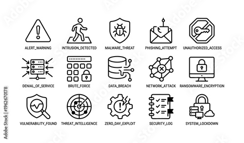 Cybersecurity icons highlighting threats and protection measures